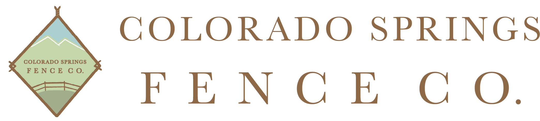 Logo for Colorado Springs Fence Co. featuring a diamond shape with mountains, sky, and a fence graphic on the left, and the company name "COLORADO SPRINGS FENCE CO." in brown text on the right.